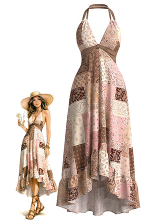 Mehrfarbiges 50er Boho Kleid mit Neckholder und Blumen