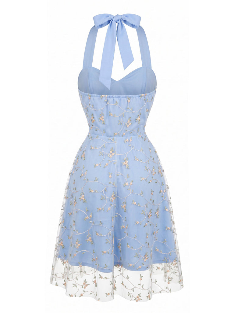 50er Netzkleid mit Blumenstickerei und Neckholder
