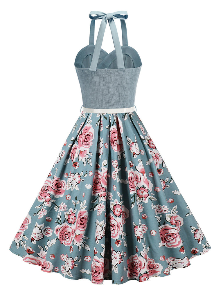 50er Ärmelloses Kleid mit Neckholder und Blumen