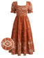 [Übergröße] Braunes 70er Boho-Stufenkleid mit Karree-Ausschnitt und Puffärmeln