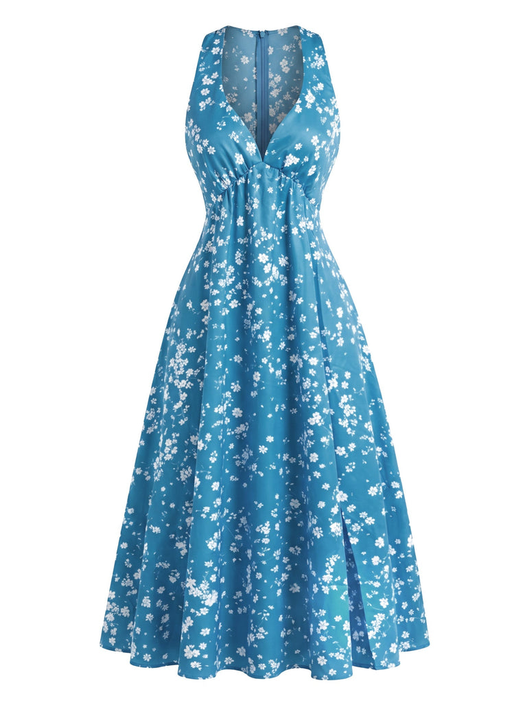 40er Ärmelloses Swingkleid mit Streublumen und V-Ausschnitt