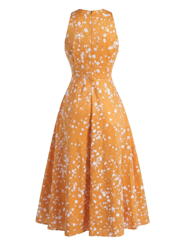 40er Ärmelloses Swingkleid mit Streublumen und V-Ausschnitt