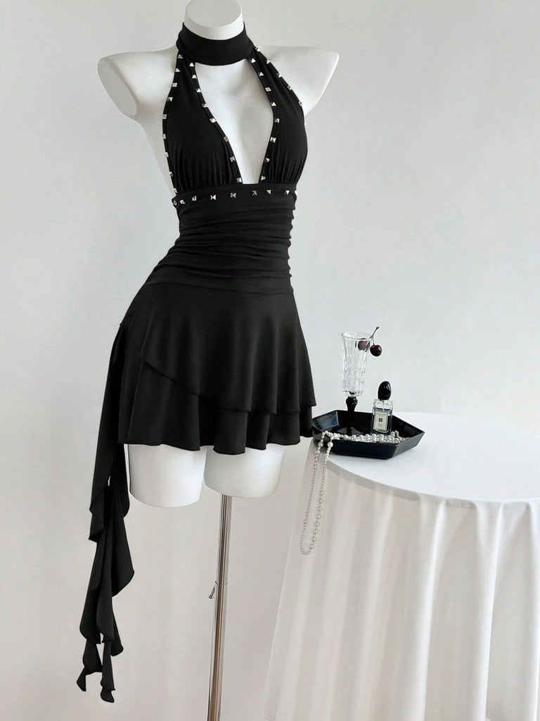 60er Gothic Minikleid mit Neckholder und Rüschen