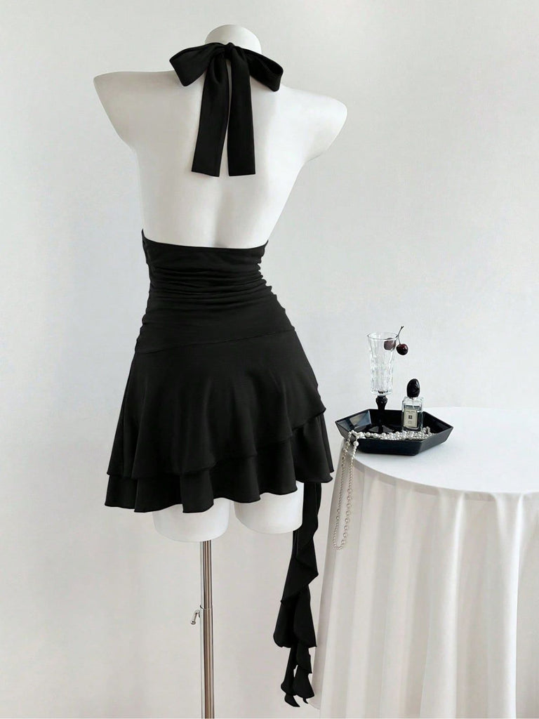 60er Gothic Minikleid mit Neckholder und Rüschen
