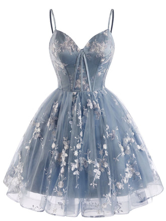 Blaues 30er Tüllkleid mit Blumenstickerei
