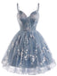 Blaues 30er Tüllkleid mit Blumenstickerei und Herzausschnitt