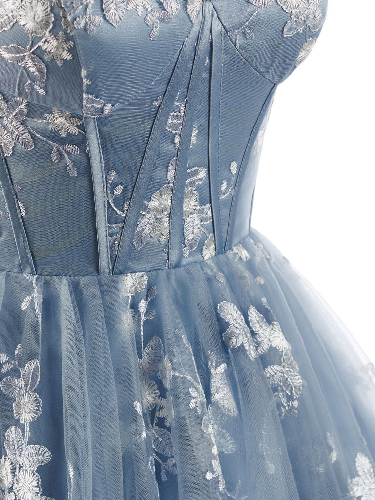 Blaues 30er Tüllkleid mit Blumenstickerei