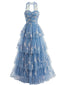 Blaues 30er trägerloses Tüll-Maxikleid mit Blumenstickerei und Stufenlagen