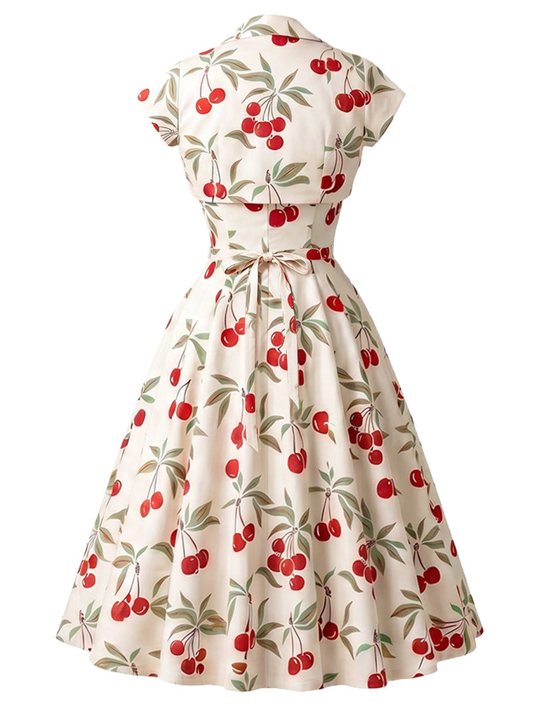 [Vorverkauf] Weißes 50er Swingkleid mit Kirschprint und Herzausschnitt