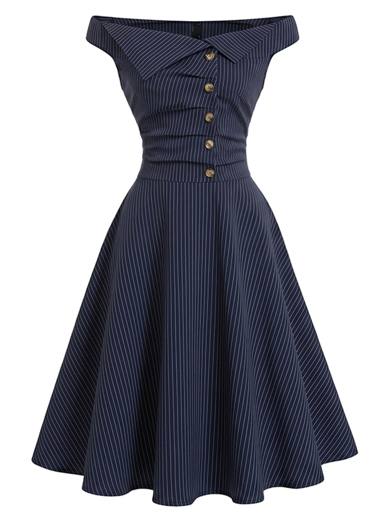 Marineblaues 50er Nadelstreifenkleid mit Carmen-Ausschnitt und Knöpfen