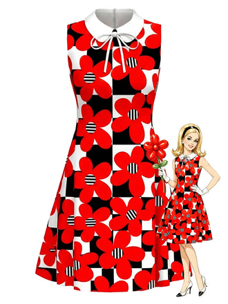 Rotes 60er Mod-Kleid mit Karo und Blumen