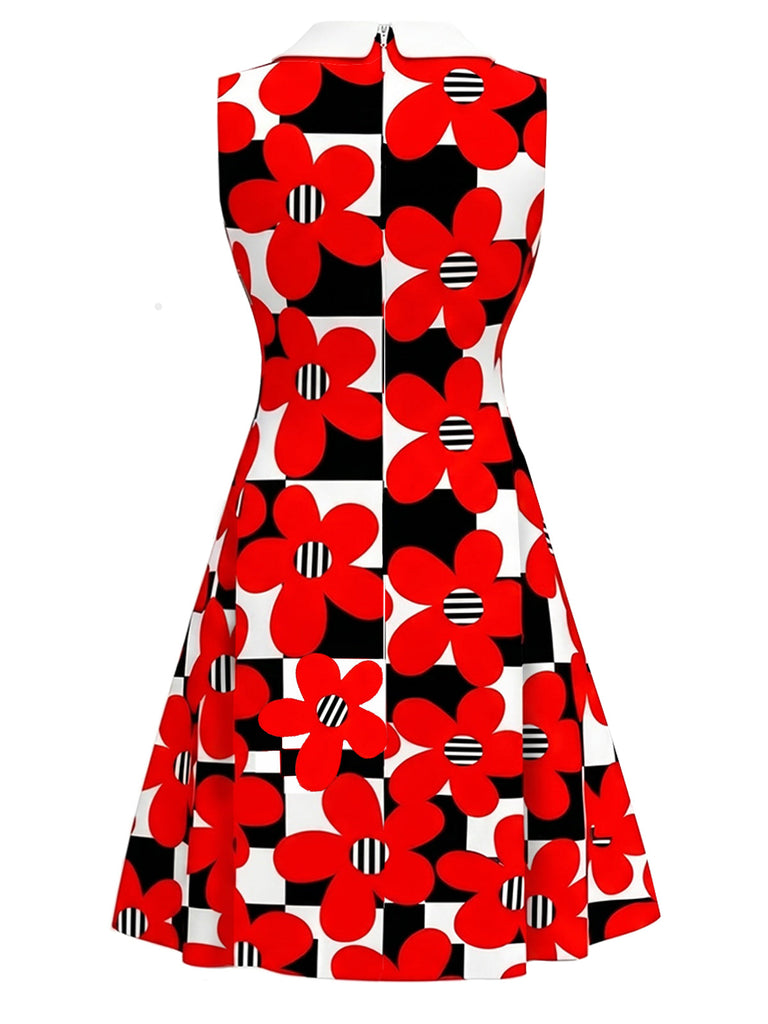 Rotes 60er Mod-Kleid mit Karo und Blumen