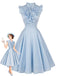 Hellblaues 50er Swingkleid mit V-Ausschnitt und Rüschen
