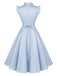 Hellblaues 50er Swingkleid mit V-Ausschnitt und Rüschen