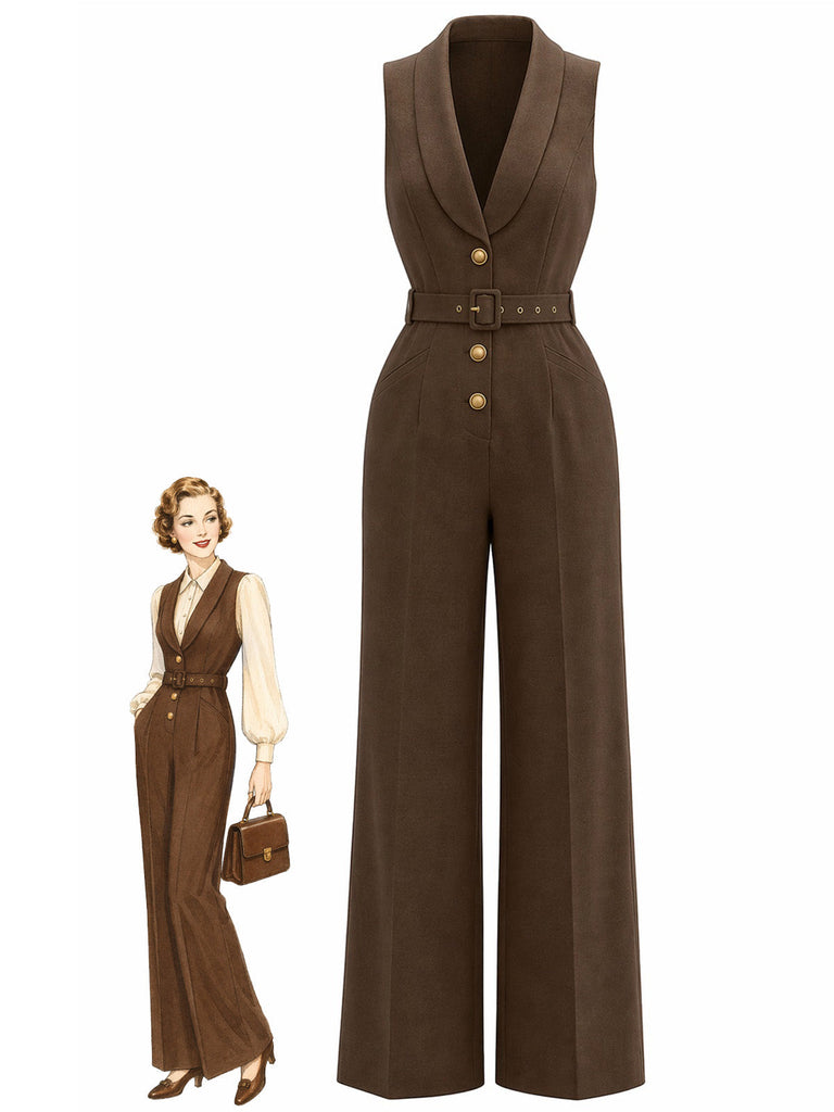 Brauner 40er Jumpsuit mit Schal-Kragen und Gürtel