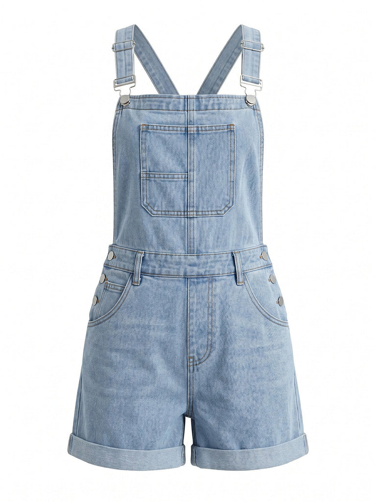 Hellblauer 50er Jeans-Romper mit Tasche und Rollen