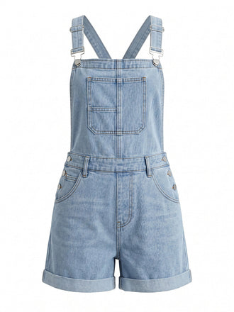 Hellblauer 50er Jeans-Romper mit Tasche und Rollen