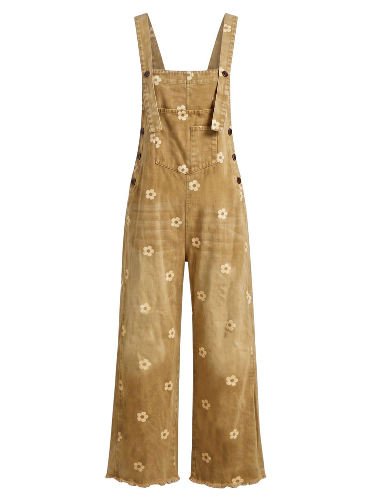 40er Jeans-Latzoverall mit Blumenprint und weitem Bein
