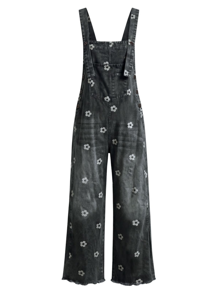 40er Jeans-Latzoverall mit Blumenprint und weitem Bein