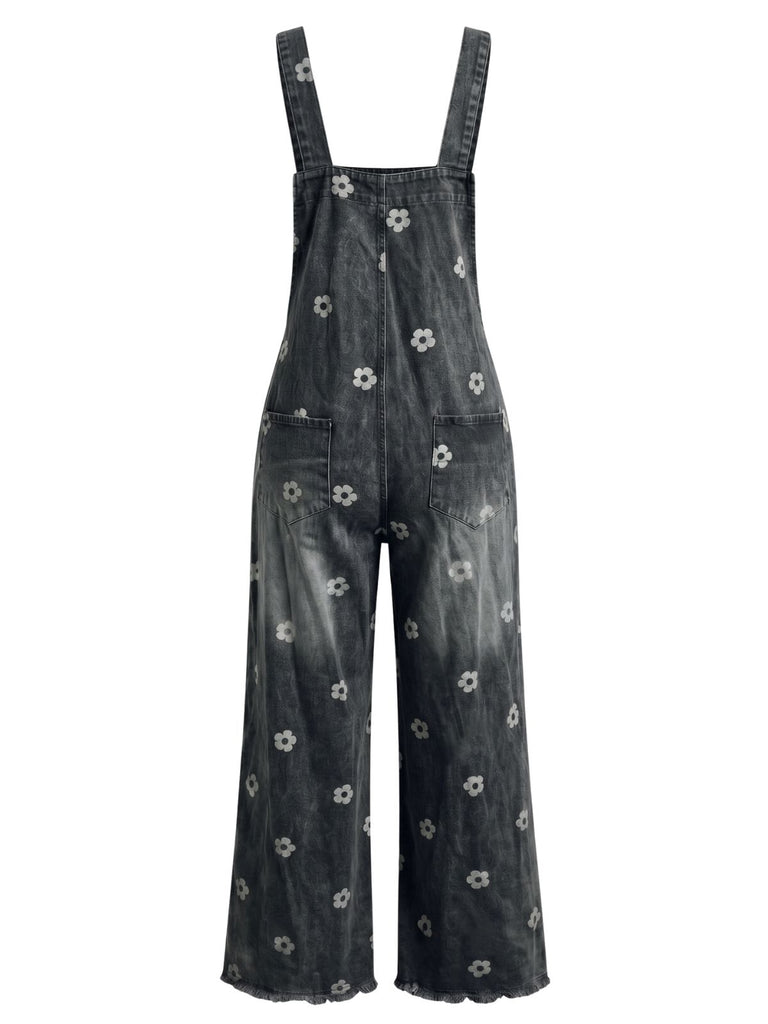 40er Jeans-Latzoverall mit Blumenprint und weitem Bein