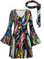 70er Minikleid mit Psychedelic-Print und Trompetenärmeln