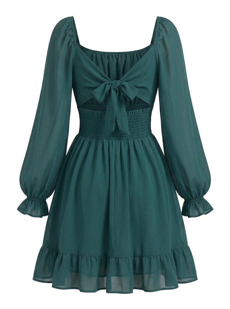 50er Chiffon-Smockkleid mit Eckiger Ausschnitt und Langarm