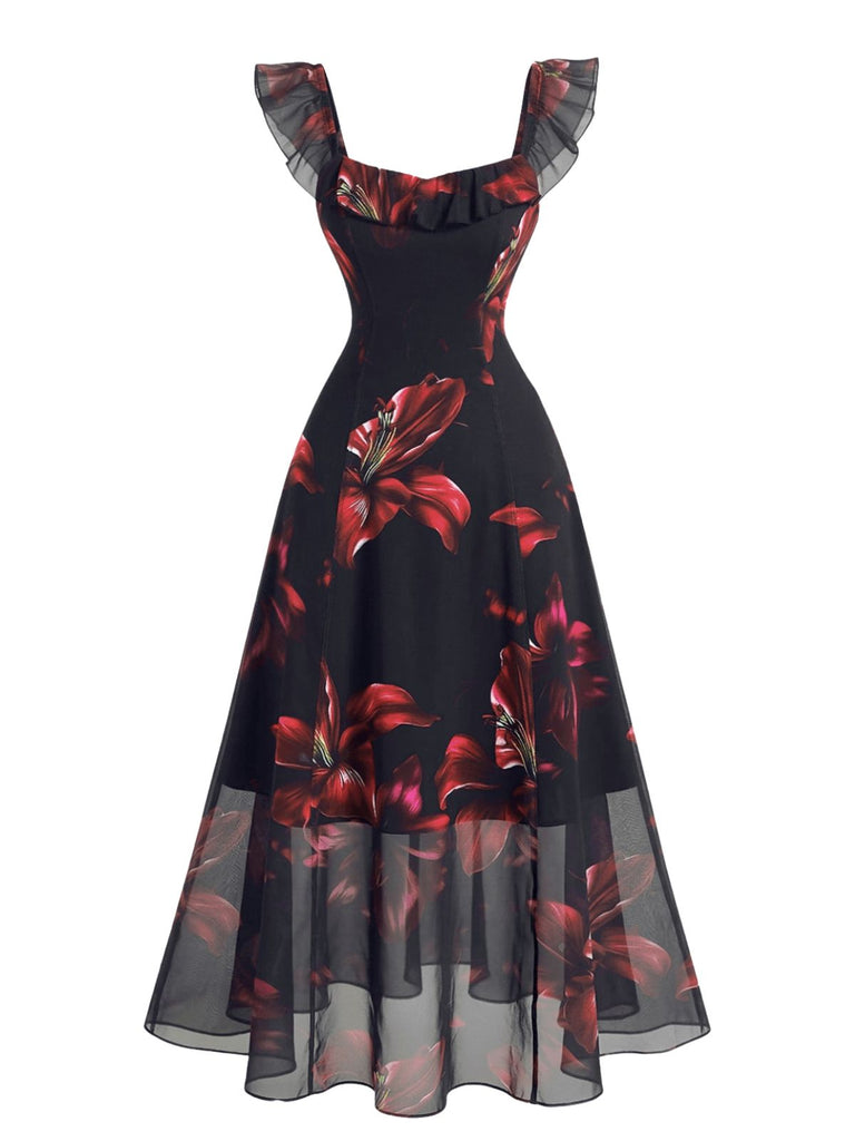Schwarzes 40er Netzkleid mit roten Lilien und Rüschen