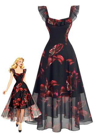 Schwarzes 40er Netzkleid mit roten Lilien und Rüschen