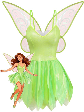 Grünes 50er Feenkleid mit Blatt-Saum und Flügeln