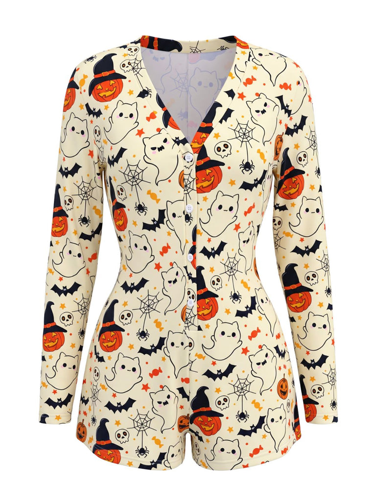 50er Halloween Romper mit Langarm und Kürbis
