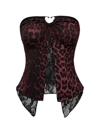 Weinrotes 70er Trägerloses Top mit Leoparden-Print und Spitze