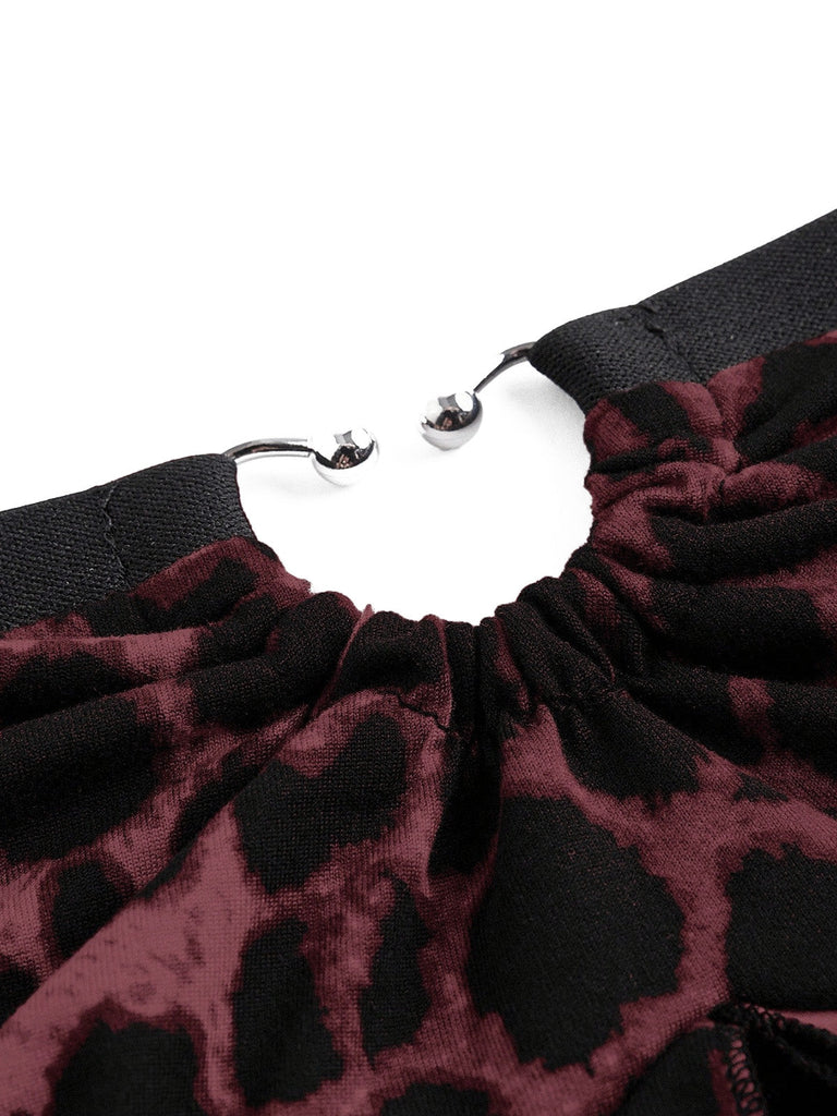 Weinrotes 70er Trägerloses Top mit Leoparden-Print und Spitze