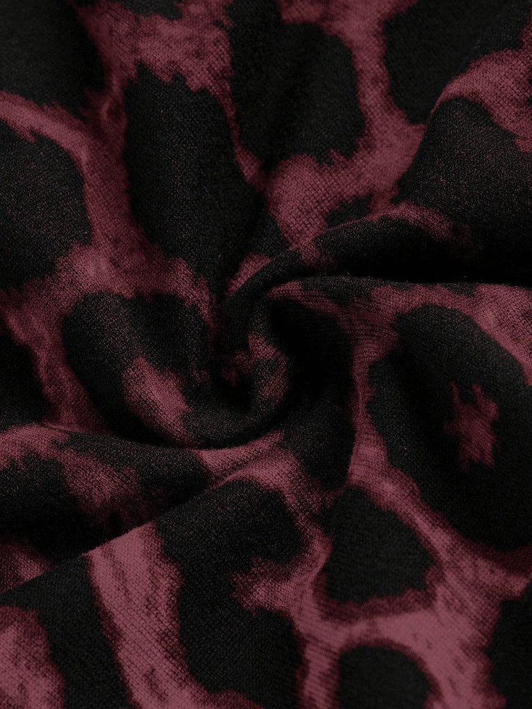 Weinrotes 70er Trägerloses Top mit Leoparden-Print und Spitze