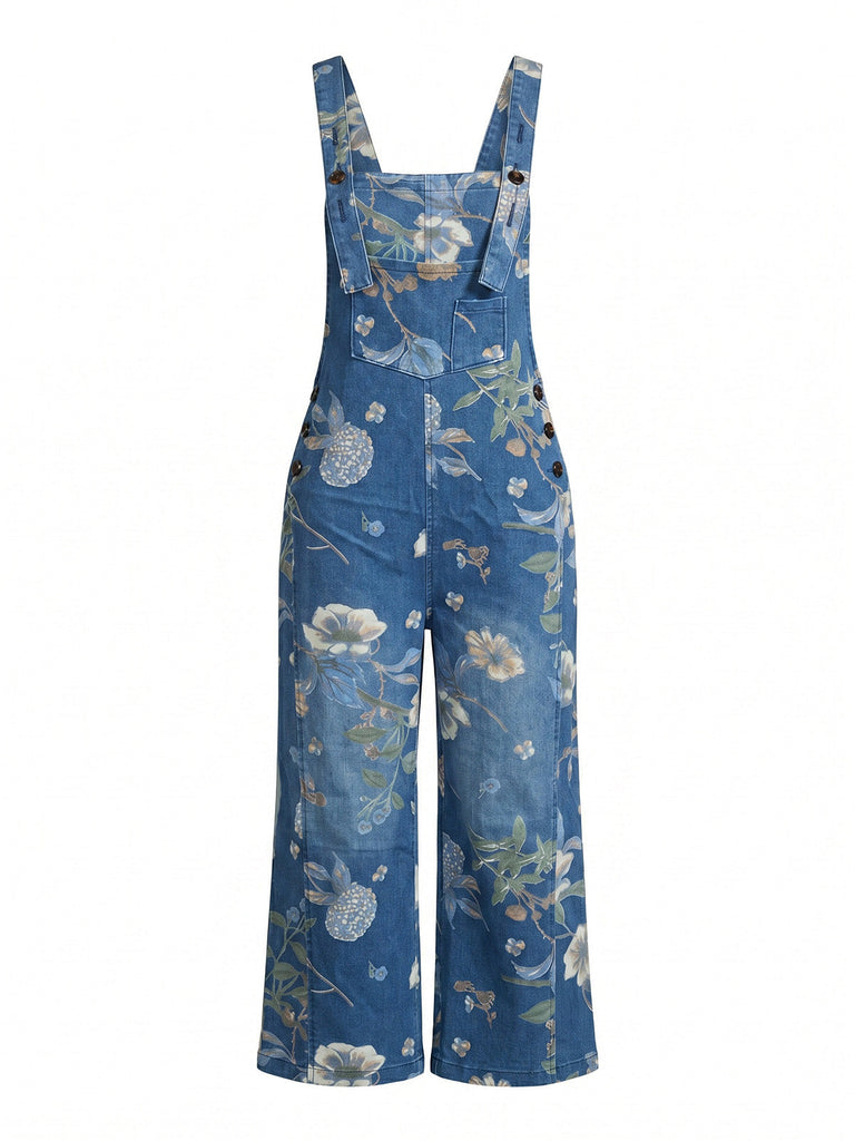 Blau 50er Jeans- mit Blumen-Print und Taschen