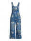 Dunkelblauer 50er Jeans-Latzoverall mit Blumenprint und Taschen