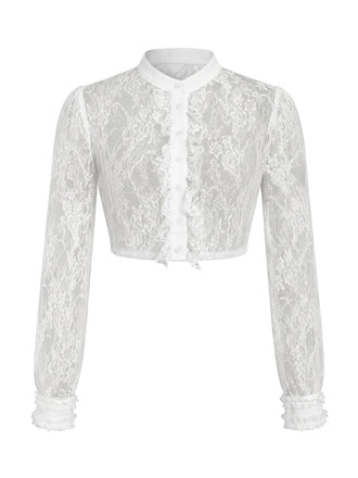 Weiße 50er Bluse mit Rüschen und Spitze