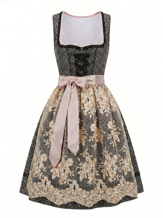Schwarzes 50er Oktoberfest-Dirndl-Set mit Karree-Ausschnitt und Spitzenschürze
