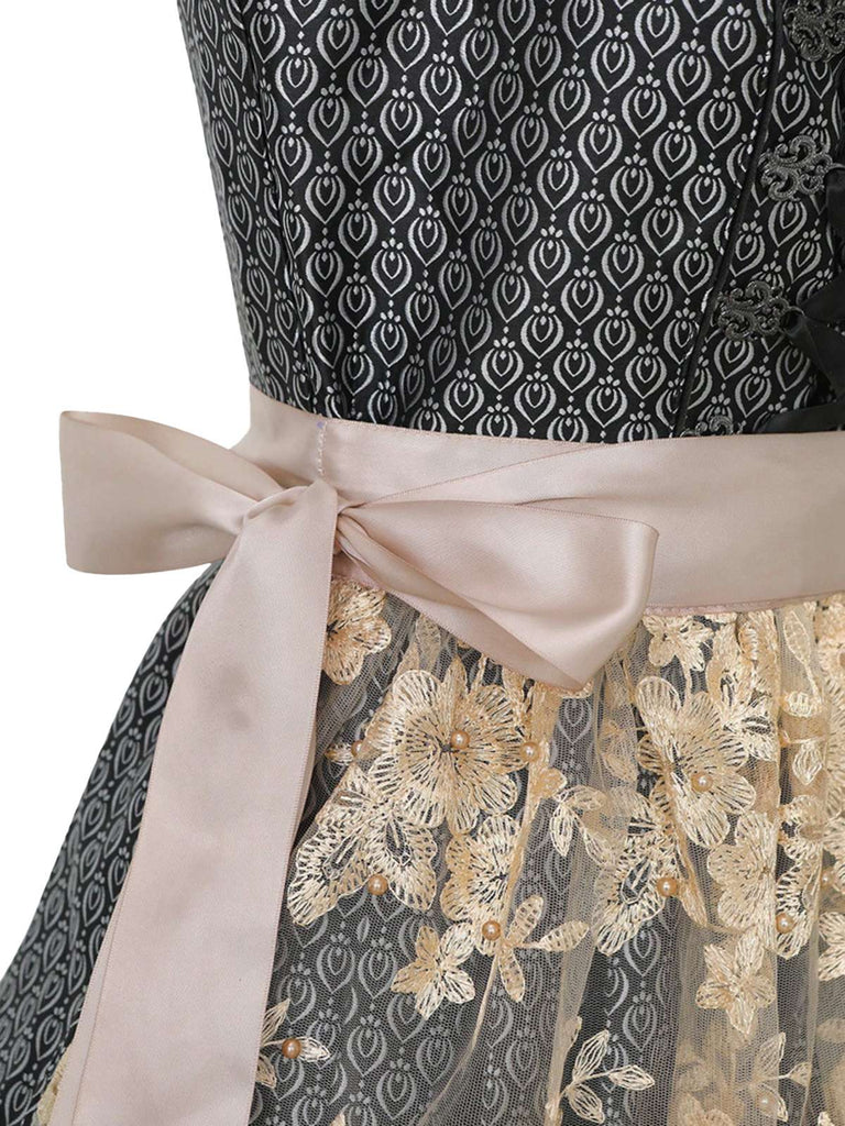 Schwarzes 50er Oktoberfest-Dirndl-Set mit Spitzentop und Blumenschürze