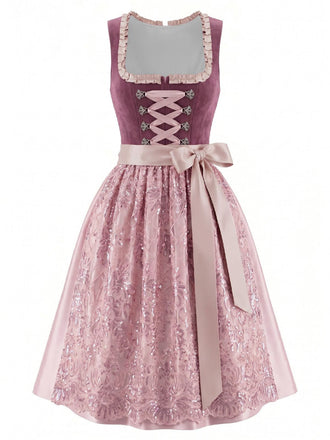 Rosa 50er Oktoberfest-Dirndl-Set mit Blumenkleid und Paillettenschürze
