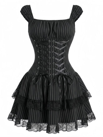 Schwarzes 70er Korsettkleid mit Nadelstreifen und Spitze