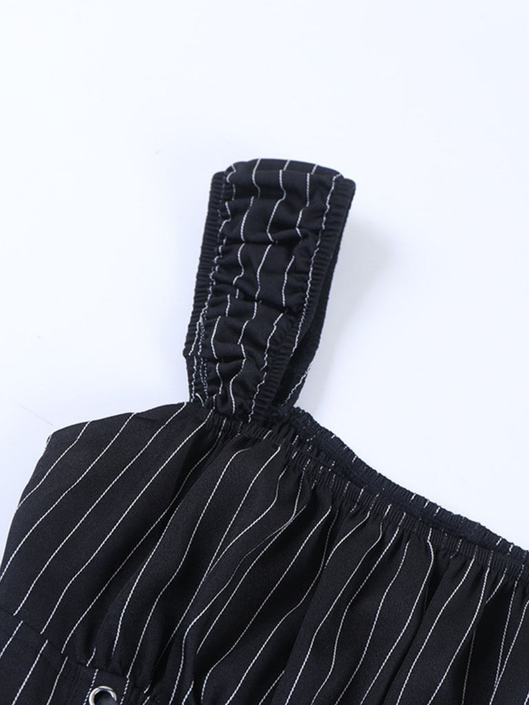 Schwarzes 70er Korsettkleid mit Nadelstreifen und Spitze