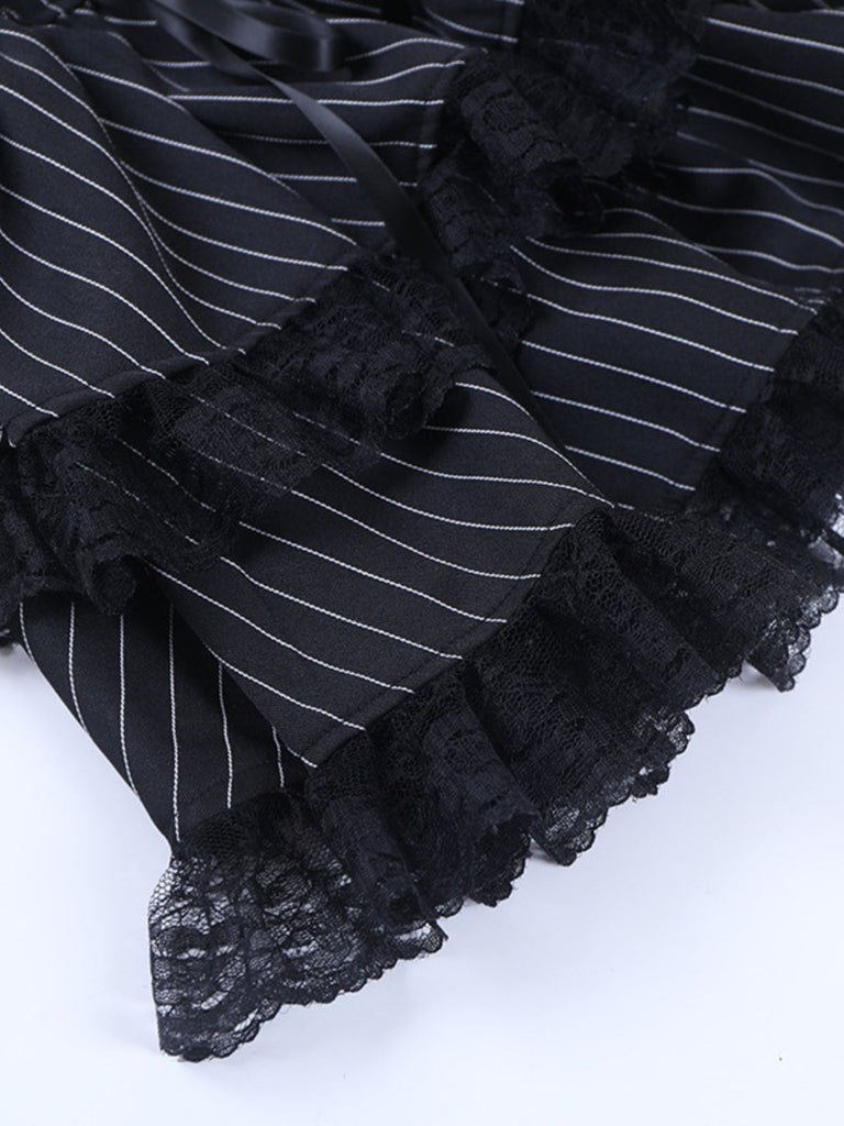 Schwarzes 70er Korsettkleid mit Nadelstreifen und Spitze
