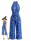 Blauer 30er Neckholder-Jumpsuit mit Sternen- und Mondprint