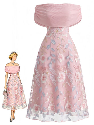 Rosa 40er Netzkleid mit Carmen-Ausschnitt und Stickerei