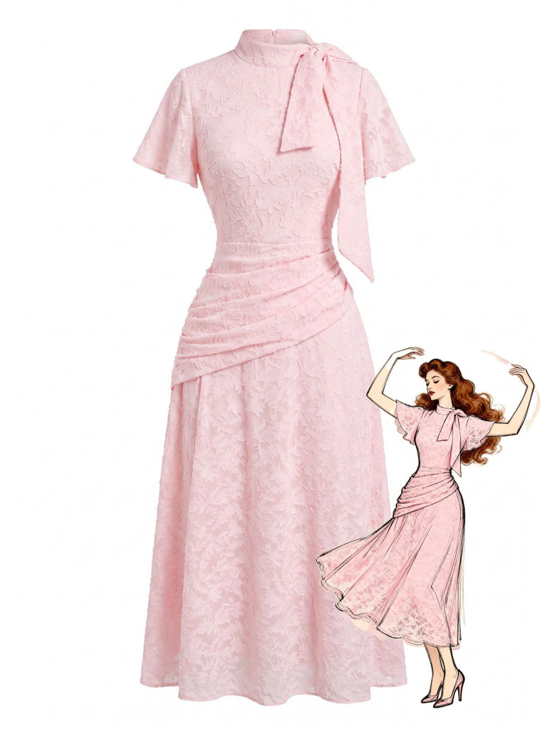 Rosa 30er Jacquard-Kleid mit Stehkragen und Spitze