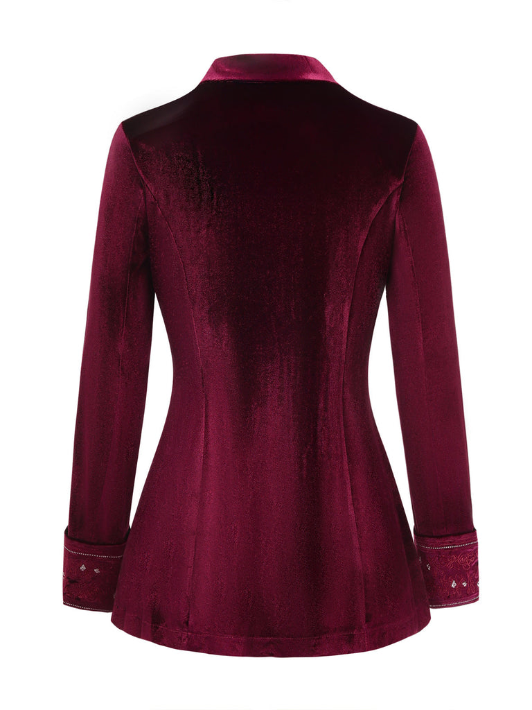 50er Samtjacke mit floral besticktem Revers und langen Ärmeln