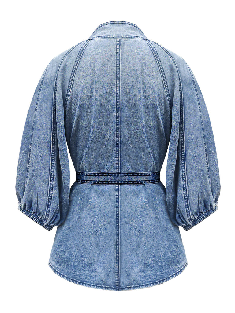 Blaue 60er Jeans-Bluse mit Puffärmel