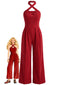 50er Cord-Jumpsuit mit gekreuztem Neckholder und weitem Bein