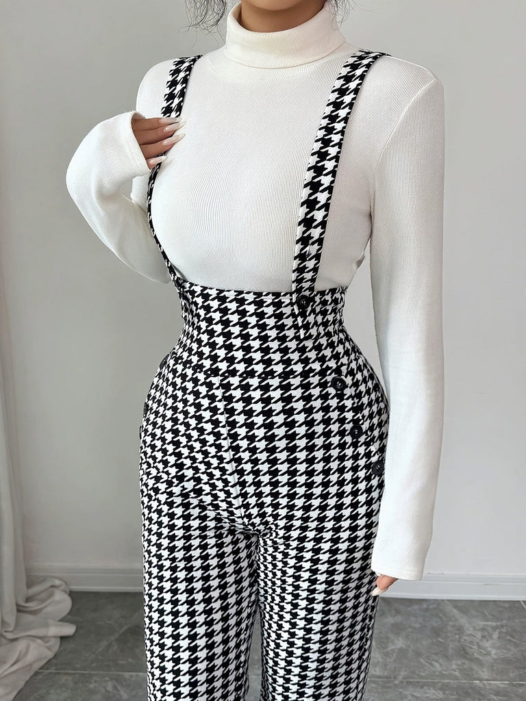Schwarz-weißer 60er Overall-Jumpsuit mit Hahnentritt und Schlagbein