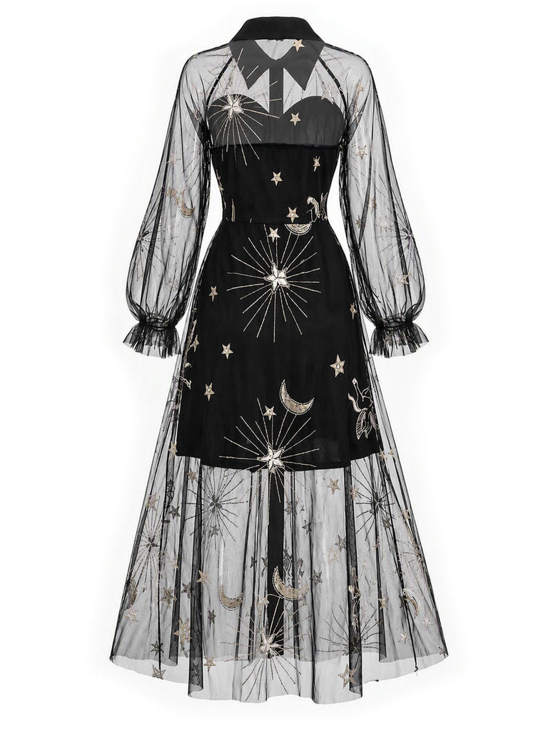 Schwarzes 80er Netzkleid mit Sternen-Print